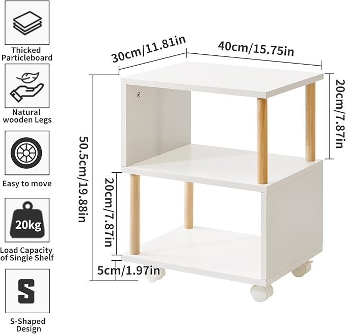 Aibiju Wooden Night Stand with Open Shelf, Nightstand with Wheels, S-Shaped Bed Side Table 3 Tier, 20 inch High End Table White YD-TM155W