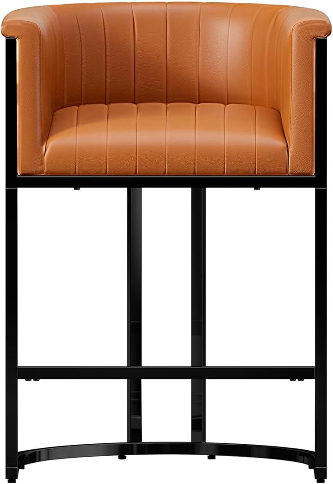 26" Modern Counter Height Bar Stools,Accent Barstools with Arms,Kitchen Island Chairs,PU Leather Upholstered Barrel Bar stools with Backs,Metal Black Frames,Camel Brown Leather