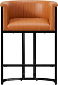 26" Modern Counter Height Bar Stools,Accent Barstools with Arms,Kitchen Island Chairs,PU Leather Upholstered Barrel Bar stools with Backs,Metal Black Frames,Camel Brown Leather