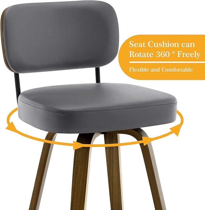 Bekrvio Swivel Bar Stools Set of 4, 29" Upholstered Faux Leather Barstools with Back and Bent Wood Legs, Mid Century Modern Bar Chair Island Stool for Kitchen Counter, Grey