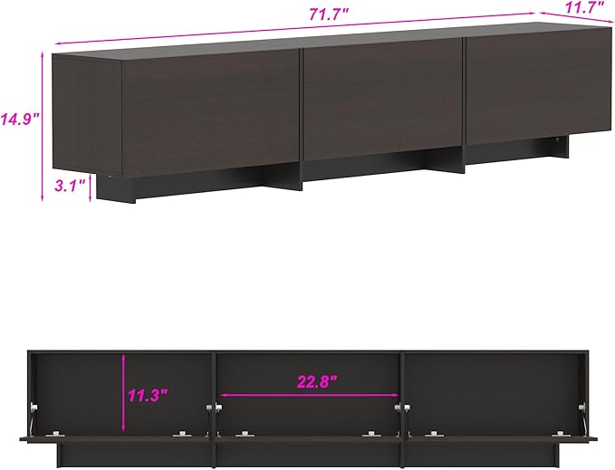 AIEGLE 71.7" W TV Stand with 3 Flip-Down Drawers, Modern Entertainment Center with Storage, Media Console Table TV Cabinet, Dark Brown