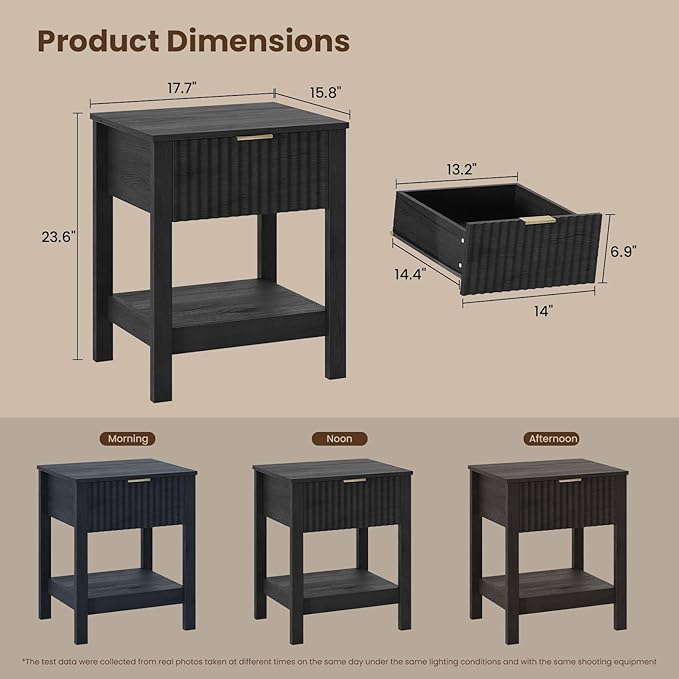 Fluted Night Stand with Golden Handle,Mid-Century Nightstands with Drawer,Modern Bedside Table with Storage Shelf,Large Wood End Tables for Livingroom,Bed Side Tables for Bedroom,Black