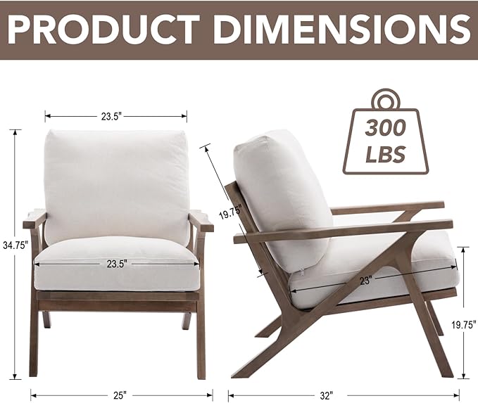 chairus Mid-Century Modern White Linen Accent Chair, Comfy Upholstered Lounge Armchair with Removable Cushions & Solid Wood Frame, Fabric Reading Chair for Living Room Bedroom Office