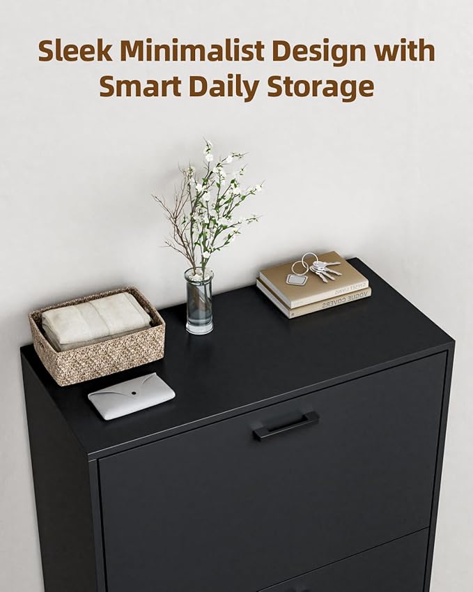 Shoe Cabinet with 2 Flip Drawers, Narrow Freestanding Shoe Organizer for Entryway, Hallway, Living Room, Black