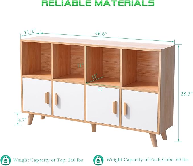 OSCHF Cubby Shelf Bookcase with Doors - Wooden 8 Cube Floor Standing Open Bookshelf with Solid Wood Legs, 2-Tier Low Storage Cabinet, Oak and Warm White