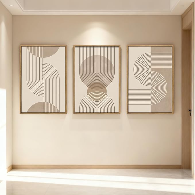 Anyzal Large Neutral Boho Framed Wall Art,Modern Mid Century Wall Decor Canvas,Beige Minimalist Art Print Abstract,Geometric Neutral Artwork Boho for Home Living Room Bedroom Office Set of 3 16''x24''