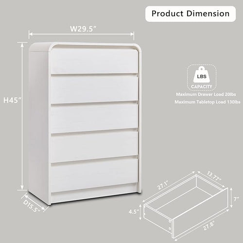 Aitjunz Modern 5 Drawers Dresser for Bedroom, 45" Tall Dressers & Chests of Drawers w/Curved Profile Design, Wood Mid Century Vertical Dresser w/Natural Texture for Bedroom, Living Room, Antique White