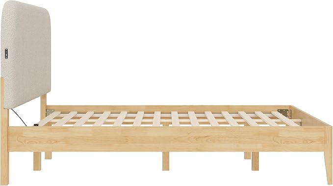 KISLOT Wood Bed Frame with USB & Type-C Charging, Boucle Platform Bed with Upholstered Headboard Mattress Foundation No Box Spring Needed Easy Assembly