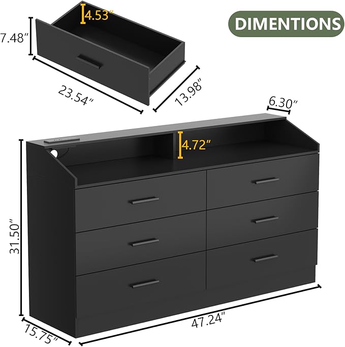 Gyfimoie 6 Drawer Dresser with Power Outlet, Chest of Drawers with LED Light, Modern Dresser with Open Storage Cubby, Double Wide Dressers Organizer for Bedroom, Living Room, Entryway, Hallway