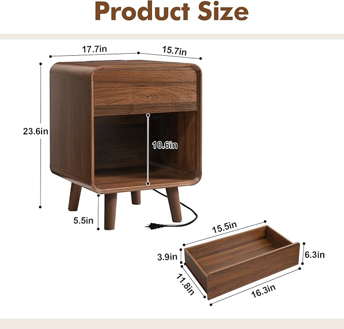 Nasonet Small Night Stand, 17.7'' Wide Bedside Table with Charging Station, Mid Century Modern Nightstands with Drawers, Bedroom Side Table End Table for Living Room, Curved Beveled Design, Walnut
