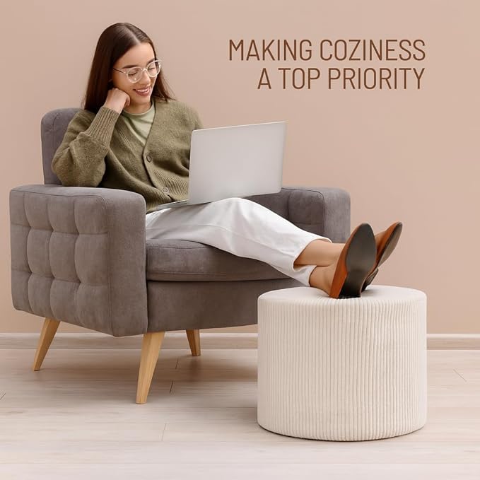 Corduroy White Ottoman Foot Rest Stool – Textured Boucle Corduroy Fabric Footstool with Soft Foam, Round Lightweight Pouf for Cozy Living Room, Bedroom – Warm White