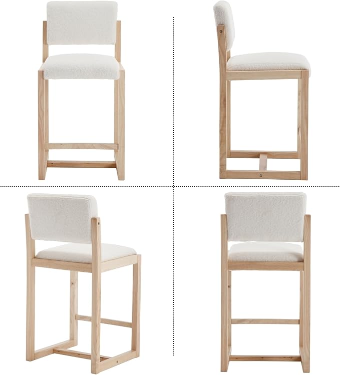 DUOMAY Modern Bar Stools Set of 2, 26" Counter Height Barstools, Sherpa Upholstered Kitchen Island Chair with Wood Legs for Home Bar Coffee Shop, White