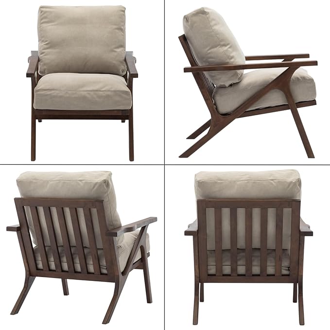 chairus Mid-Century Modern Accent Chairs with Ottomans Set of 2, Comfy Upholstered Lounge Armchairs with Solid Wood Frame, Reading Chairs for Living Room Bedroom Office, Beige Denim Fabric
