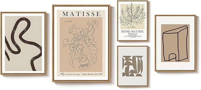 Large Framed Matisse Neutral Wall Art Set of 5, Abstract Beige Modern Minimalist Geometric Floral Canvas Prints for Living Room Bedroom Hallway Home Office