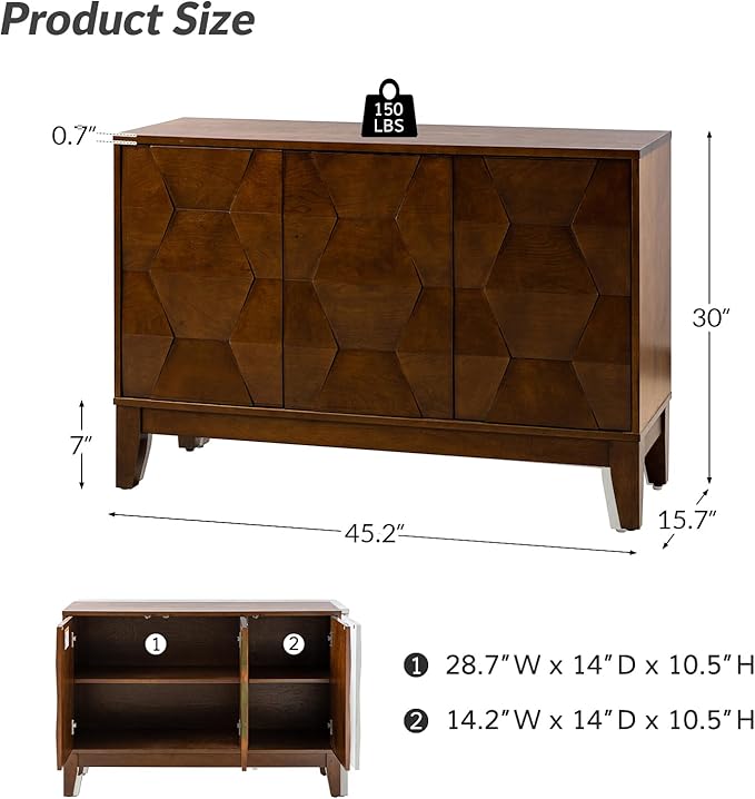HULALA HOME Modern Kitchen Buffet Cabinet Storage Sideboard with 3D Geometric Design, Freestanding Floor Cabinet with 3 Doors & 2 Adjustable Interior Shelves for Living Room Dining Room Hallway,Walnut
