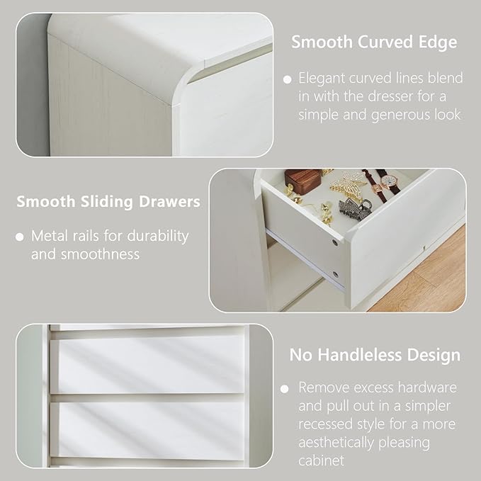Aitjunz Modern 6 Drawers Dresser for Bedroom, 47" Wide Wood Dressers & Chests of Drawers with Curved Profile Design, Mid Century Modern Dresser for Closet for Bedroom, Living Room, Antique White