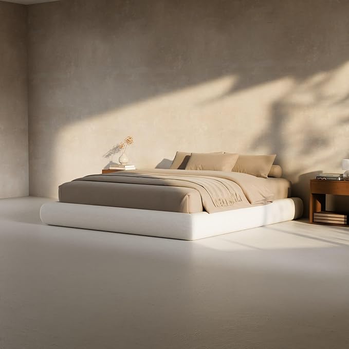 RECCI AirFrame Half-Moon Upholstered Full Platform Bed Frame, Boucle Curved Arched Base, 5 Inch Fully Round Cushioned Foam, No Box Spring Needed, Easy Assembly | Round Shaped, Boucle, Low-profile, Soft