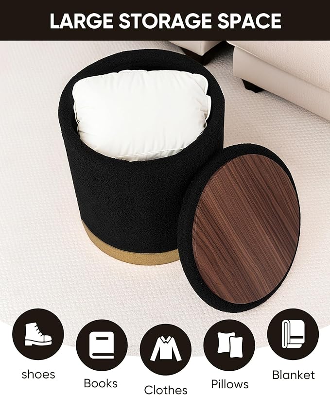 B FSOBEIIALEO Ottoman with Stroage, Round Boucle Storage Ottoman with Gold Plating Base,Foot Rest Stool for Dorm Room, Living Room Black, 14.76"x14.76"x16.34"