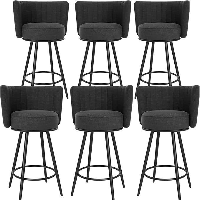 HONIFUR Bar Stools Set of 6, 27" Tufted Modern Counter Height Bar Stools, Upholstered Barstools with Back & Footrest Metal Legs, Stools for Kitchen Island, Counter, Cafes, Dining Room (Dark Gray)