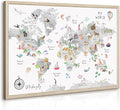 Joocrise Grey Kids World Map Wall Art Animal Map Canvas Wall Art Nursery Wall Decor World Map Poster Childrens Room Decor Playroom Prints Educational Artwork 16x24 Inch Wood Frame