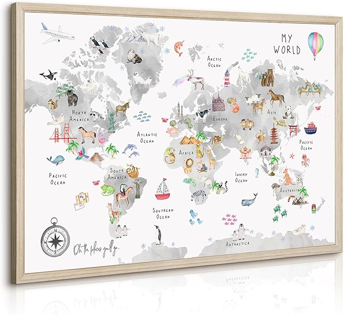 Joocrise Grey Kids World Map Wall Art Animal Map Canvas Wall Art Nursery Wall Decor World Map Poster Childrens Room Decor Playroom Prints Educational Artwork 16x24 Inch Wood Frame