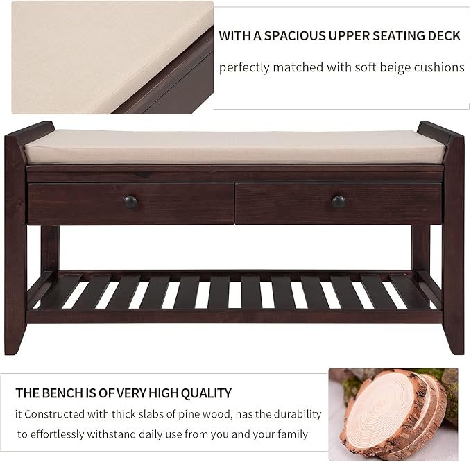 LUMISOL Storage Bench, Shoe Rack with Upholstered Seat and 2 Drawers, Solid Wood Entryway Storage Bench with Shoe Rack for Entryway, Living Room, Bedroom, Espresso