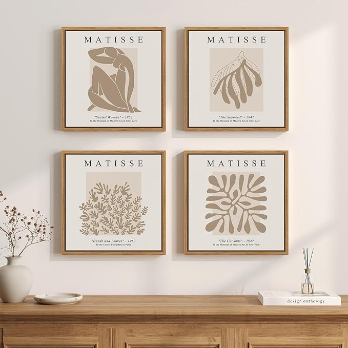 Framed Abstract Wall Art, Set of 4 Piece Modern Beige Canvas Picture Artworks Decor, Matisse Minimalist Neutral Painting Prints for Living Room Bedroom Cabinet and Dining Room