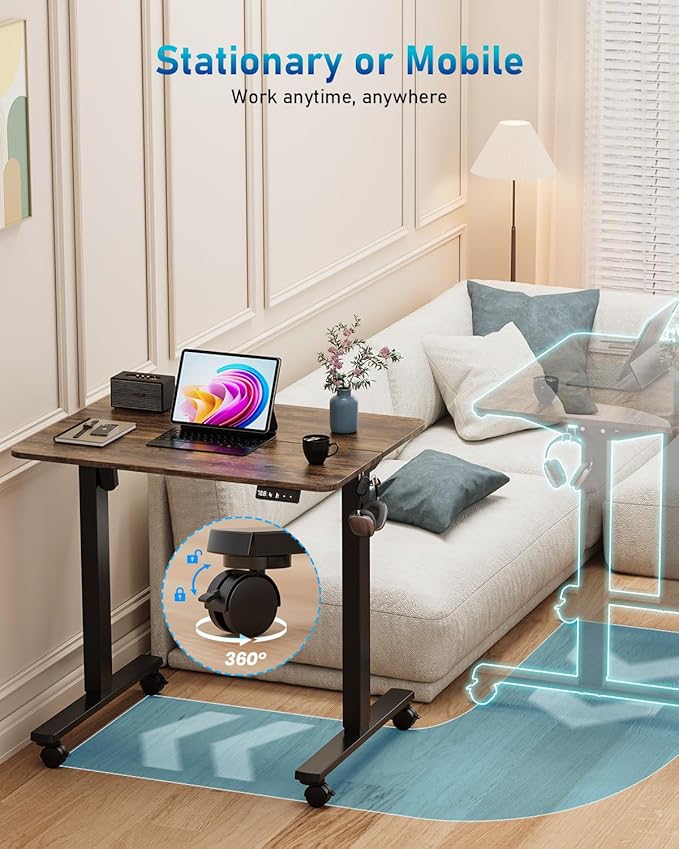 32" Small Electric Rolling Standing Desk Adjustable Height, Mobile Sit Stand up Desk with Lockable Casters for Home Office & Computer Workstation, Splice Board, 2 Hooks, Black Frame/Rustic Brown Top