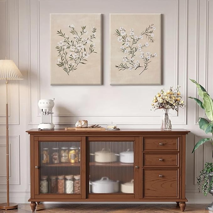 Vintage Botanical Wall Art Neutral Floral Prints Farmhouse Flower Canvas Wall Decor Watercolor Wildflower Pictures Nature Minimalist Artwork for Living Room Bedroom 16x24 Inch Wrapped Canvas Set of 2