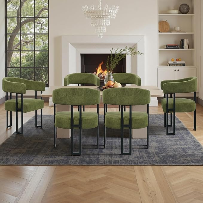 SIMTONAL Mid-Century Modern Dining Chairs Set of 4, Armrest Barrel Dining Chairs Side Accent Chairs with Curved Back, Upholstered Armchairs for Kitchen, Soft Teddy Fleece Surface, Green