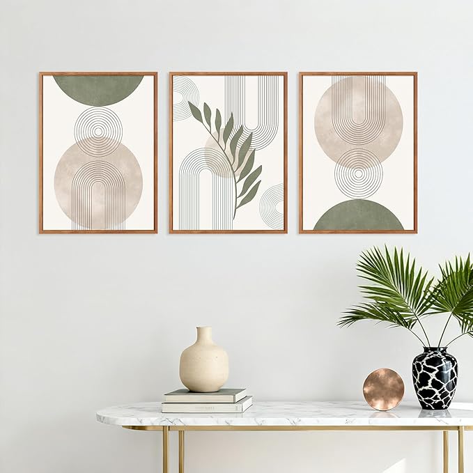 HPINUB Sage Green Boho Framed Canvas Wall Art Set, (Set of 3,12X16 Inch) Minimalist Beige Green Botanical Wall Decor, Abstract Geometric Line Leaf Painting for Living Room,Bedroom,Office Decor