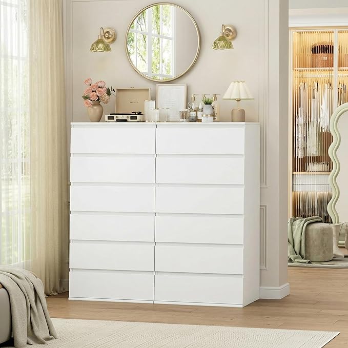 FOTOSOK White Dresser, 6 Drawer Dresser, Modern Tall Floor Storage Cabinet with Metal Sliding Rail, Wooden Handleless Drawer Cabinet, 6-Layer Large Capacity Vertical Dressers for Home & Office