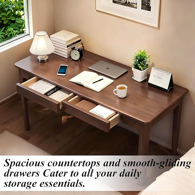 Solid Wood Desk,47" Solid Wood Writing Desk with Drawers,Oak Mid Century Modern Small Computer for Small Spaces Home Office