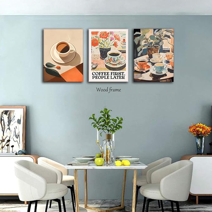 Vintage Coffee Kitchen Canvas Wall Art Set of 3, Fashion Aesthetic Flowers Espresso Poster Picture, Simple Travel Drinks Wall Decor Painting Prints for Dining Room Cafe Bar 16x24 Inch Framed