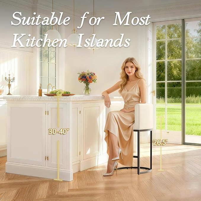 Modern Counter Height Bar Stools,Bar Stools Set of 2,PU Leather Upholstered Barrel Barstools with Backs,26'' Kitchen Island Chairs,Metal Black Frames,Beige White Leather