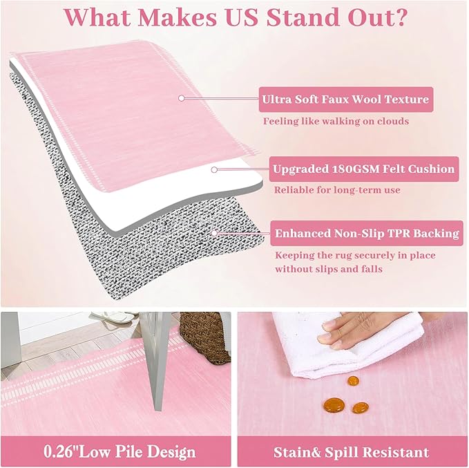 Garvee Washable Rugs 10x13 Area Rugs for Living Room Bedroom, Low Pile Ultra Soft Solid Neutral Carpet, Non Slip & Non Shedding Modern Scalloped Print Floor Mats for Home Decor, Pink