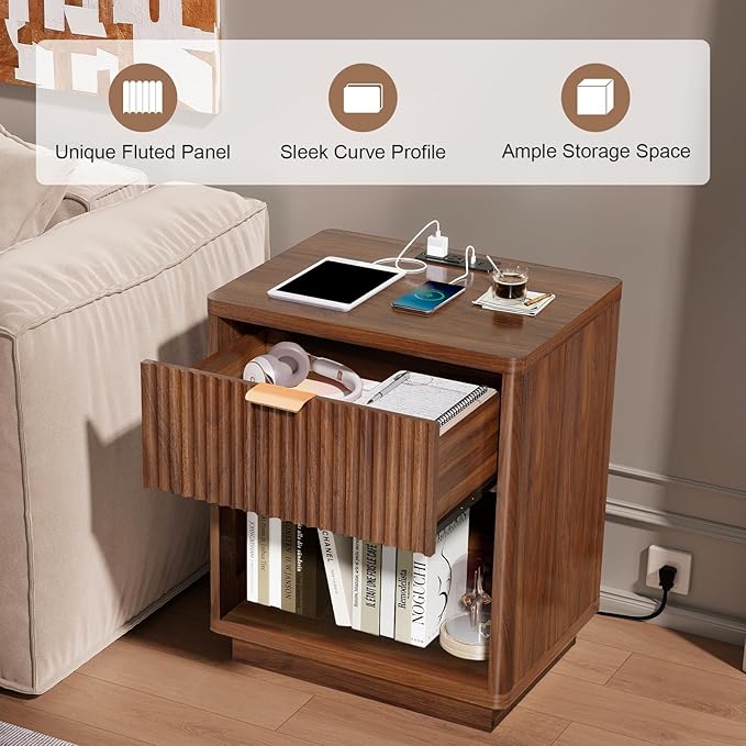 Nasonet Fluted Nightstands Set of 2 with Charging Station, Wooden Bed Side Tables Bedroom Set of 2, Drawers and Open Shelves - Modern End Table for Bedroom, Walnut