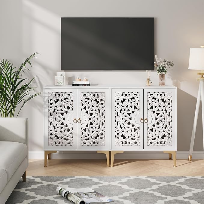 JOINICE 31.5" Accent Storage Cabinet with Carved Doors, White Boho Sideboard for Storage, Coffee Bar Cabinet & Entryway Table with Gold Legs, Decorative Buffet Cabinet for Dining Room, Living Room
