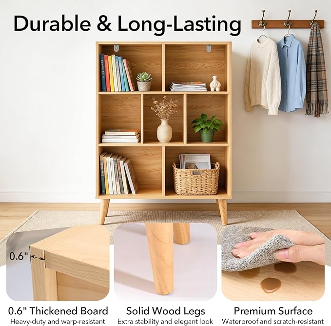 DUMOS Bookshelf, 7 Cube Storage Organizer with Legs, 3 Tier Modern Wooden Bookcase, Open Standing Display Shelf for Living Room, Bedroom, Office, Wood