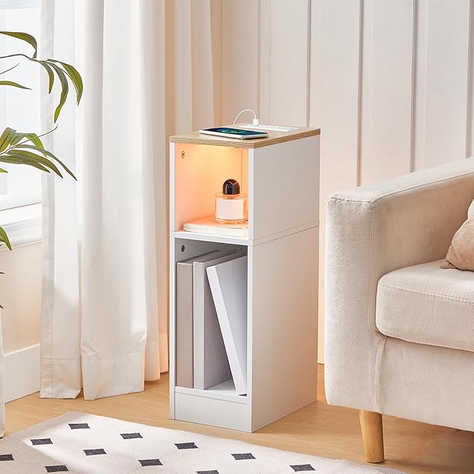 MAHANCRIS Narrow Nightstand with LED Light, Narrow End Table with Charging Station, Skinny Bedside Table for Small Spaces, Mid Century Modern Night Stand for Bedroom, Natural and White ETNW30E01