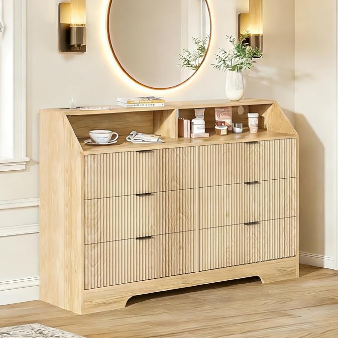 Fluted Dresser for Closet, Boho Bedroom 6 Drawer Dresser TV Stand with Charging Station, Oak Wide Chest of Drawers, Farmhouse Wood Closet Clothes Storage for Living Room, Metal Handle, 47"