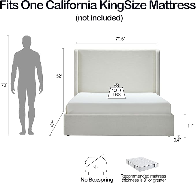 California King Size Upholstered Platform Bed Frame, 52" High Headboard Carmen Wingback Beds, Tall Headboard King Floor Bed Frames, No Box Spring Needed No Noise, Minimalist, Textured Ivory