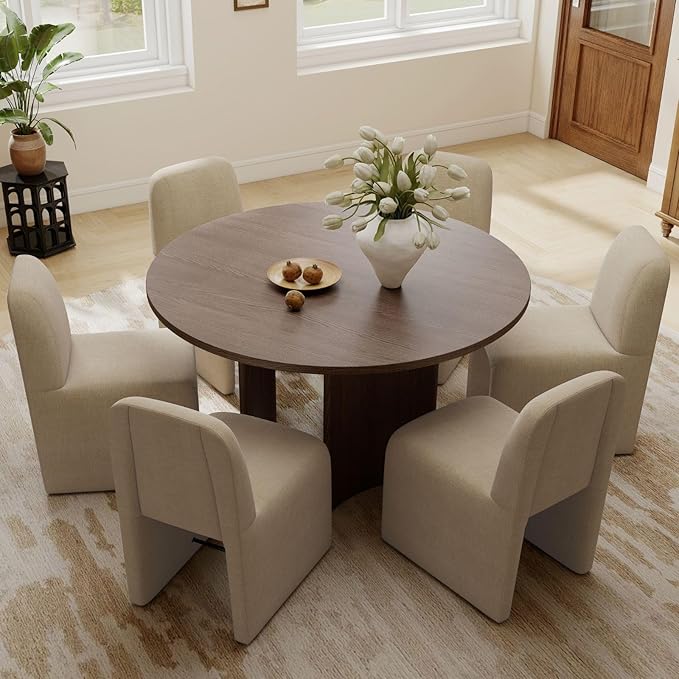 Hyfirm Upholstered Dining Chairs Set of 6,Modern Armless Desk Chair with Metal Footrest for Diningroom Bedroom Livingroom Reading Room,Khaki Fabric
