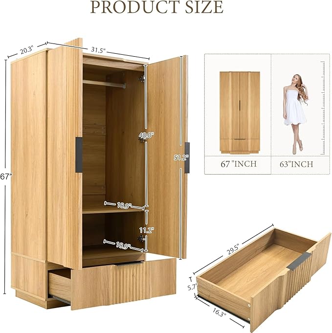 Brafab 67" Fluted Armoire Wardrobe Closet Set of 2 with Drawers and Doors, Wooden Wardrobe Cabinet with Adjustable Shelves, Modern Storage for Clothes, Coats for Bedroom,Natural Wood(2 pcs)