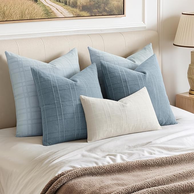 MIULEE Decorative Linen Check Throw Pillow Covers Neutral Farmhouse Vintage Pillow Covers 20x20 Set of 2 Boho Modern Home Decor for Sofa Couch Bedroom Cushion Coastal Blue