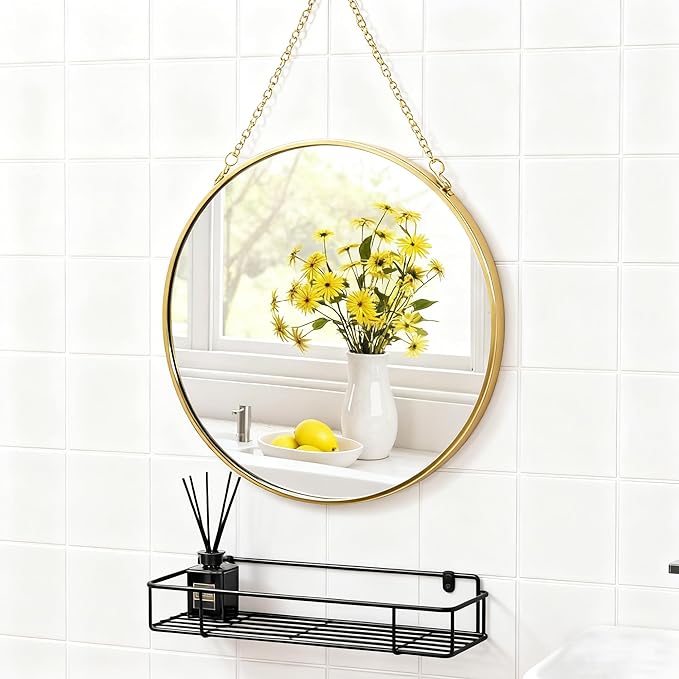 8-inch Modern Round Wall Mirror with Metal Frame and Hanging Chain, Suitable for Entryway, Hallway, or Bathroom Small Gold Metal Frame Mirror (Gold, 8 inch)
