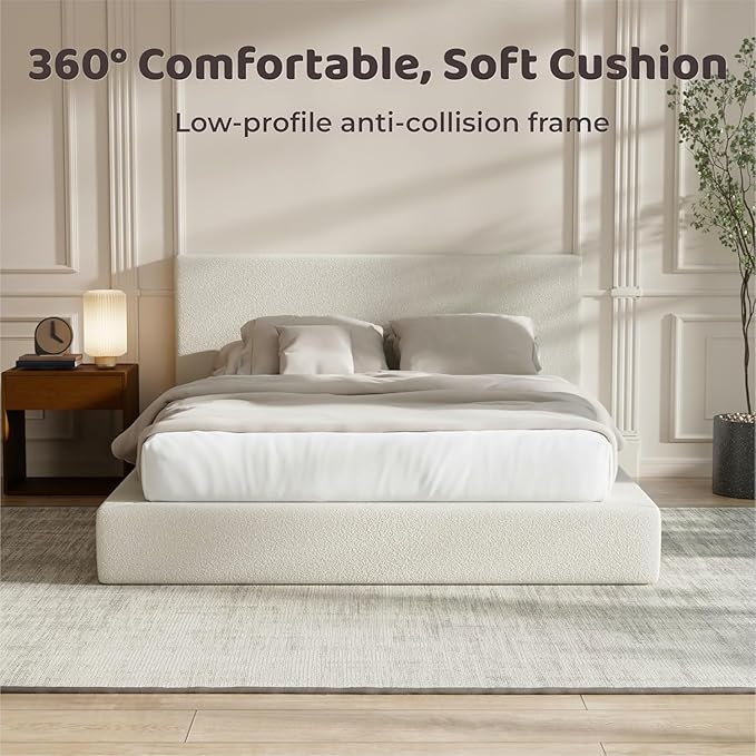 RECCI AirFrame California King Bed Frame with Headboard, Cloud Upholstered Platform Bed Frame, 5 Inch Foam Cushioned, No Box Spring, Easy Assembly(Cream Boucle)