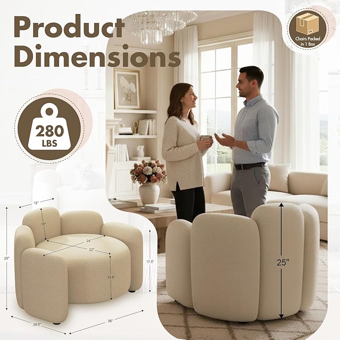 Hyfirm Mid-Century Modern Accent Chair Scandinavian Upholstered Barrel Armchair with Solid Wood Base, Comfy Single Sofa Chair for Living Room, Bedroom, Study, Apartment, Khaki
