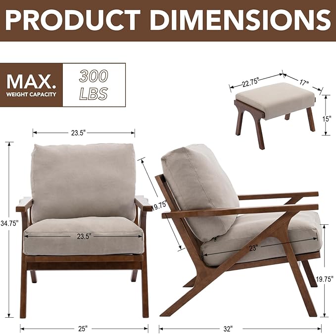 chairus Mid-Century Modern Accent Chair with Ottoman, Comfy Upholstered Lounge Armchair with Removable Cushions & Solid Wood Frame, Reading Chair for Living Room Bedroom Office, Beige Denim Fabric