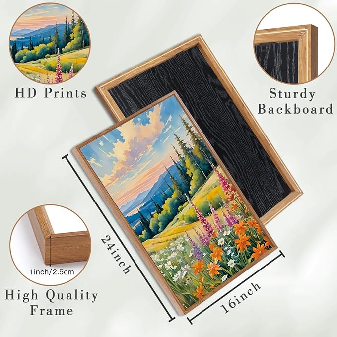 Anyzal Large Mountain Landscape Framed Wall Art 16x24 Inch Colorful Forest Floral Field Canvas Wall Decor Set of 3 for Living Room Bedroom Dining Room